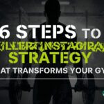 Man lifting weights with text overlay about 16 steps to a gym Instagram strategy
