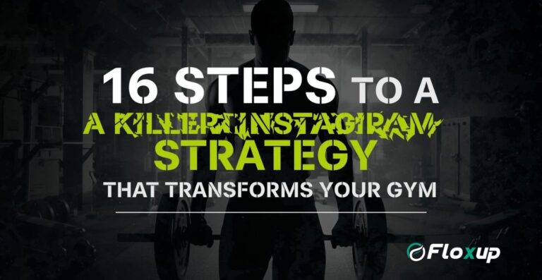Man lifting weights with text overlay about 16 steps to a gym Instagram strategy