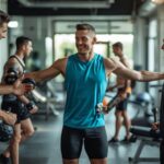 Group of fit men working out together in a modern gym, smiling and lifting dumbbells during a strength training session.