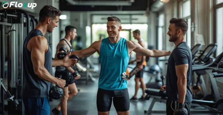 Group of fit men working out together in a modern gym, smiling and lifting dumbbells during a strength training session.