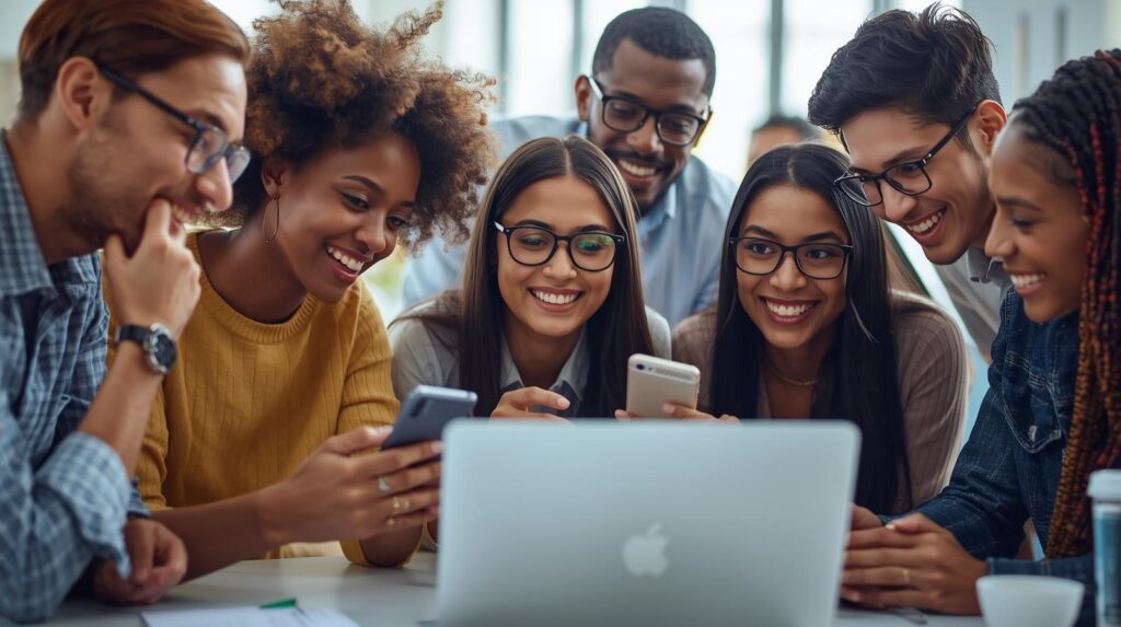 Smiling team engaging with social media followers while planning 16 Steps to a Killer Instagram Strategy in a bright modern office.