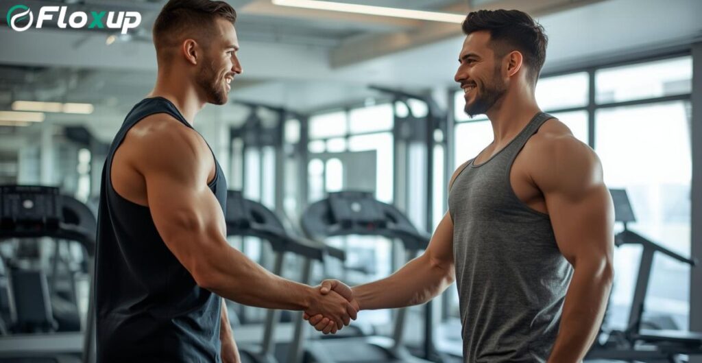 Two fit men shaking hands in a modern gym, symbolizing a successful fitness partnership or business collaboration.