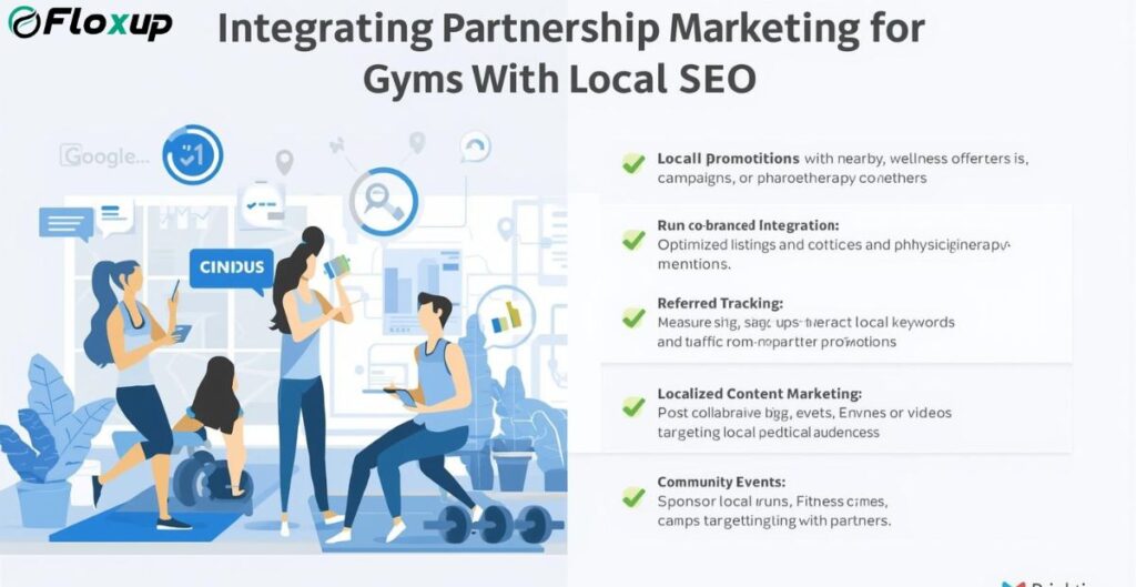Infographic by Floxup explaining strategies for integrating gym partnership marketing with local SEO, including promotions, co-branded integrations, referral tracking, content marketing, and community events.
