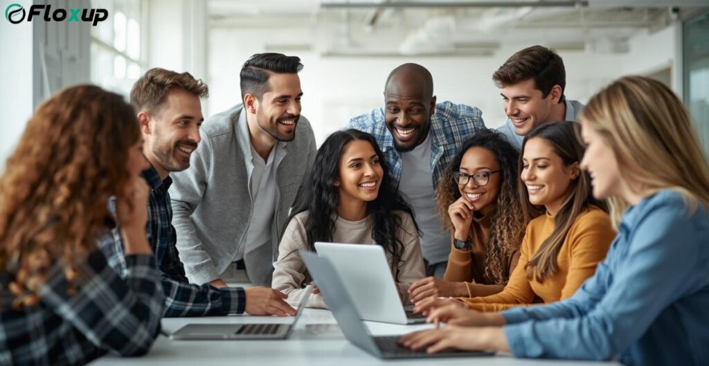 Diverse marketing team brainstorming buyer personas around laptops in a bright modern office.
