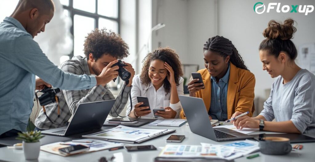 Creative marketing team capturing photos and designing digital content at a modern workspace.